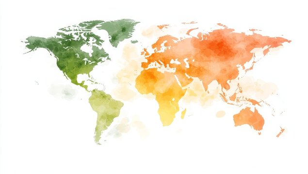 Watercolor world map with green, orange, and yellow gradients.
