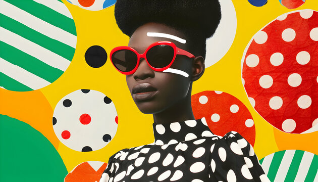Illustration - Colorful Collage, Fashion, Red Sunglasses, Polka Dots, Stripes, Yellow Background, Stylish Portrait