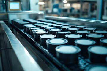 Close-up View of Industrial Production Line with Circular Containers on a Conveyor Belt in a Modern Manufacturing Facility