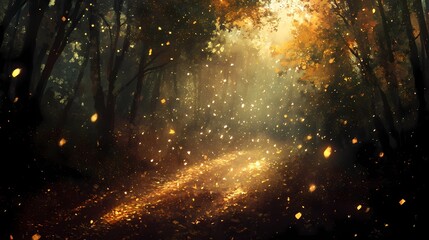 Dreamy Forest Pathway with Golden Light and Falling Leaves Creating an Enchanting Atmosphere in Autumn Season, Evoking Serenity and Natural Beauty
