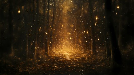 Enchanted Forest Path Illuminated by Glowing Fireflies Under a Twilight Sky, Creating a Magical Atmosphere for Dreamy Adventures and Nostalgic Journeys