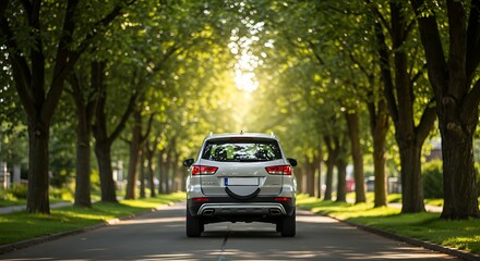 Closeup rear glass window of a car parked on street on summer sunny day, rearview. Mockup empty copy space for stickers or decals
