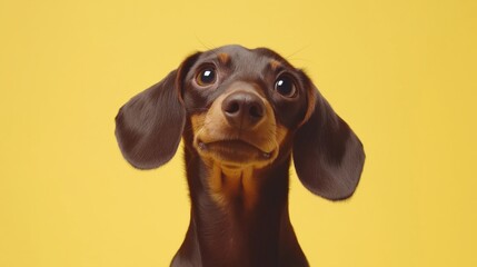 Curious dachshund puppy with shiny black coat against yellow background
