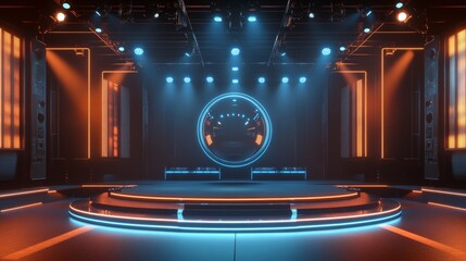 Obraz premium glowing neon circular stage platform, massive mirror ball, professional audio speakers, LED wall matrix, blue spotlights, gradient orange floor, concert lighting rig, nightclub atmosphere, futuristic