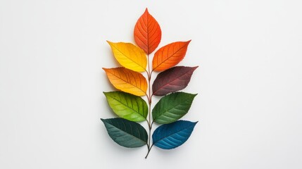 Colorful autumn leaf gradient: red, orange, yellow, green, and blue arrangement on white background
