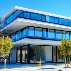 A modern apartment building stands tall under a clear blue sky, its sleek facade showcasing minimalist architecture with glass windows and sturdy concrete walls