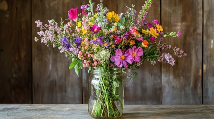 Vibrant Summer Wildflower Bouquet in Glass Jar Rustic Wooden Background
