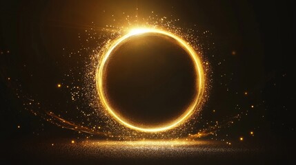 Obraz premium Radiant circular portal, golden energy waves, ascending light trails, dark moody atmosphere, sparkling particles, cosmic dust, celestial glow, cinematic lighting, high detail digital art