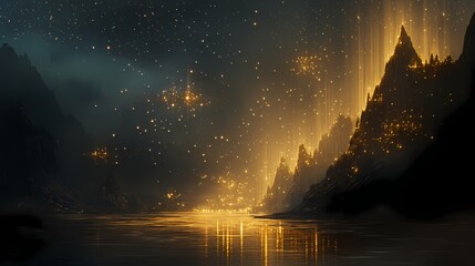 Enchanting Nightfall Over a Mystical Lake Surrounded by Golden Glow and Twinkling Stars, Capturing the Essence of Nature's Beauty in a Dreamlike Landscape