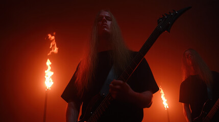 A guitarist performs in a dark, fiery atmosphere, creating a dramatic and intense ambiance with flames in the background.