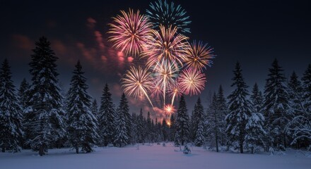 Celebratory Fireworks Display Winter Forest Night Sky Scenic Landscape Vibrant Colors Festive Atmosphere for New Year's Eve
