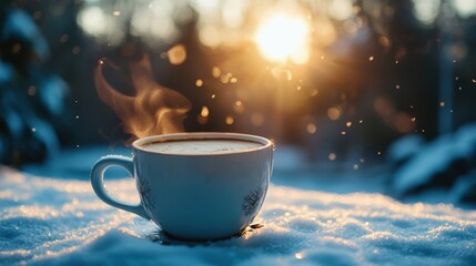 Obraz premium A cup of coffee on sunrise with snow