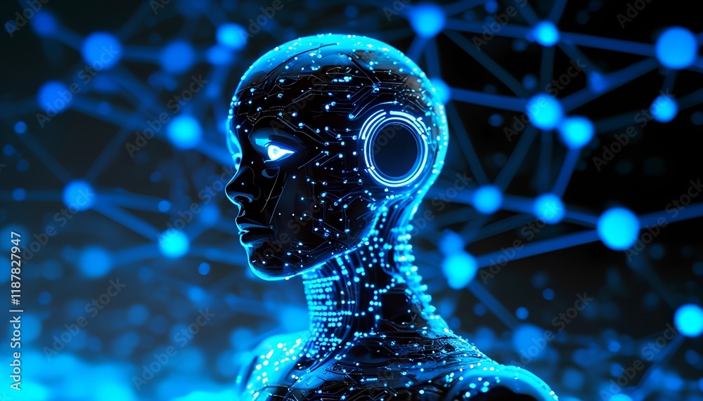 Poster exploring artificial intelligence development digital realm visual art tech environment futuristic p