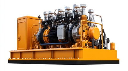 Fototapeta premium Diesel generator with visible engine components and a durable exterior, professionally isolated on a pure white background