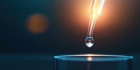 A precise droplet hanging from a pipette, symbolizing the meticulousness of scientific experimentation and the beauty of the process in modern research laboratories.