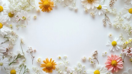 White and yellow flowers arranged in oval pattern on white background