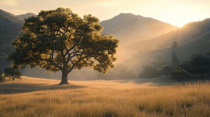 Obraz premium Solitary tree in a golden field at sunset, mountains in the background.