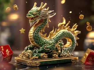 Fototapeta premium Jade and Gold Dragon Ornament Celebrates Celestial Guardian Concept for Chinese New Year