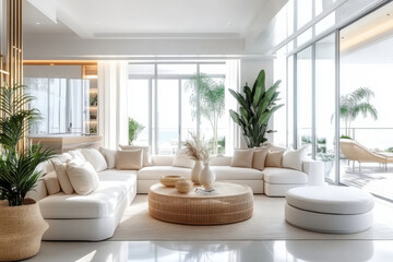 White minimalist and Coastal style home interior design of modern living room