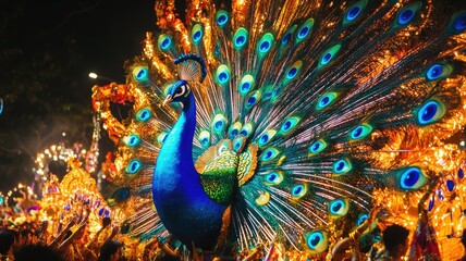 Obraz premium Vibrant peacock display with colorful, illuminated feathers at night