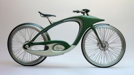 Elegant e-bike featuring an integrated slim frame, green and gray tones, and distinctive skeleton wheels, on a clean white background