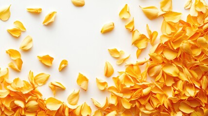 Obraz premium Yellow flower petals scattered on white background creating vibrant and elegant visual display