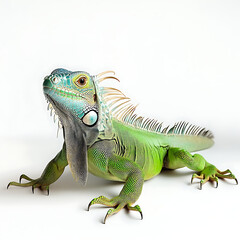 Obraz premium vibrant green iguana with intricate scales and striking blue face, posed elegantly against white background, showcasing its unique features and textures