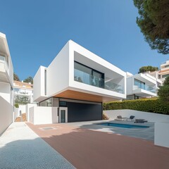 Fototapeta premium A modern luxury house with large windows, surrounded by tall palms and a lush garden, standing against a clear blue sky with sleek architectural design