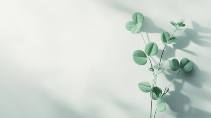 Minimalist eucalyptus branch casting shadows on light background