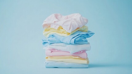 Elegant stack of clean clothes on pastel shirts in blue, pink, yellow, and white, highlighted by a light blue background with subtle lighting