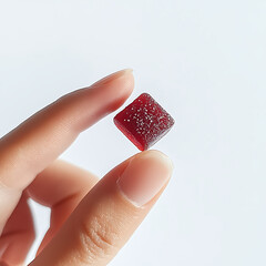 person holding small red gummy candy with shiny surface, showcasing its texture and color. image captures delicacy and sweetness of treat