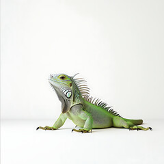 Obraz premium green iguana sitting gracefully on white surface, showcasing its vibrant scales and unique features. This reptile exudes calm and majestic presence