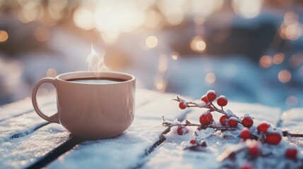 Fototapeta premium A warm cup of coffee on table at winter season