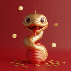 Fototapeta premium Embracing Festivity Golden Snake and Red Lantern for Chinese New Year Celebration