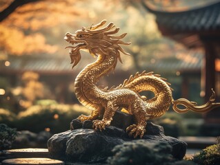 Obraz premium Celebrating Chinese New Year Antique Golden Dragon Figure with Wisdom Pearl Detail Serene Garden Setting Cultural Artifact for Prosperity