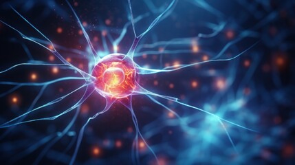 A close-up illustration of a neuron cell, showing the intricate structure of the cell body, axon,