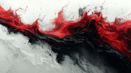 Abstract red and black paint swirls on white background.