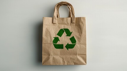 Eco-Friendly Recycled Paper Bag with Green Recycle Symbol on Neutral Background