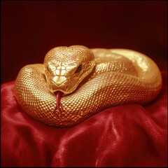 Fototapeta premium Golden Baby Snake Sleeping on Red Silk Cushion A Serene Moment for Chinese New Year Celebration