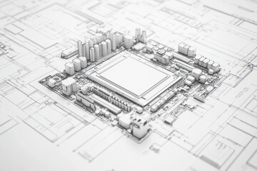 Fototapeta premium Detailed Technical Blueprint of a Microprocessor Layout Depicting Circuits, Components, and Manufacturing Elements for Electronic Engineering Projects