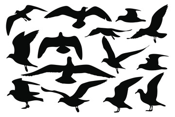 Eighting gull silhouettes set isolated flat vector illustration on white background.