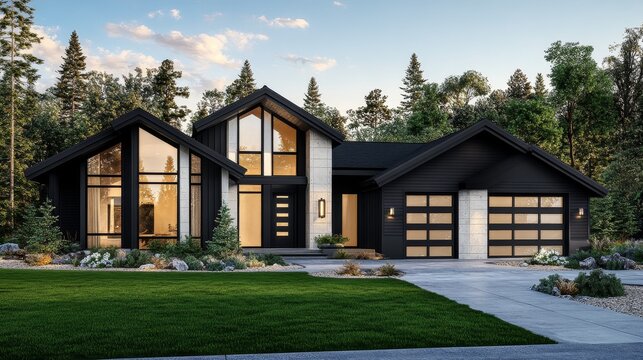 Modern black house design with large windows in forest setting