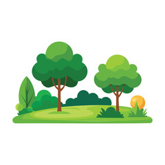 Green park landscape with bushes and trees isolated flat vector illustration on white background