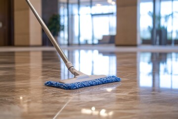 Blue mop cleaning shiny marble floor in modern office lobby interior