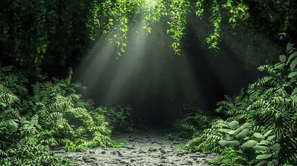 Fototapeta premium Sunbeams illuminate a lush, dark forest path.