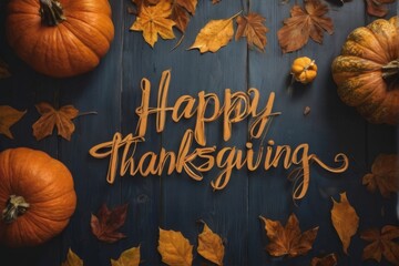 Autumn Leaves, Pumpkins, and Happy Thanksgiving Text on Dark Blue Wood  Warm Cozy Thanksgiving Flat Lay Scene