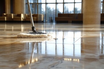 Shiny marble floor in modern lobby with mop and natural lighting
