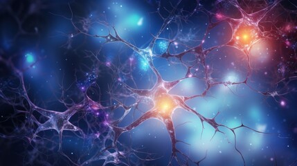 An artistic representation of neuron cells firing in the brain, with glowing dendrites