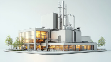 3d lowpoly model of a modern factory, with mostly white colors and a bit of grey, white background
