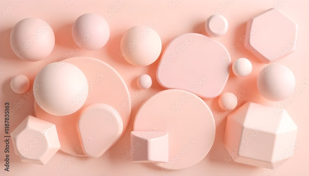 Fototapete A composition of geometric 3D smooth pastel shapes arranged in an abstract layout, set against a soft and light color palette, evoking a modern and tranquil aesthetic